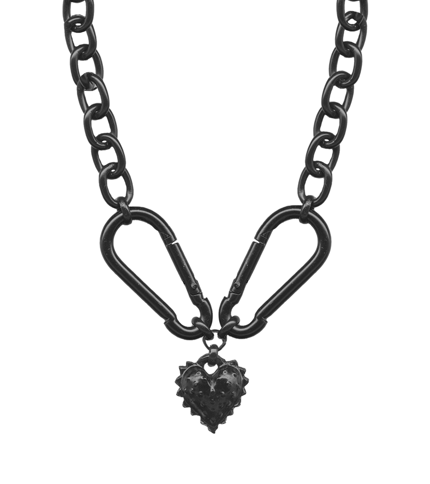 Black enamel chain necklace with carabiner connectors and heart pendant. Adjustable up to 19". Handmade in Burbank, CA. Bold, edgy, industrial style.