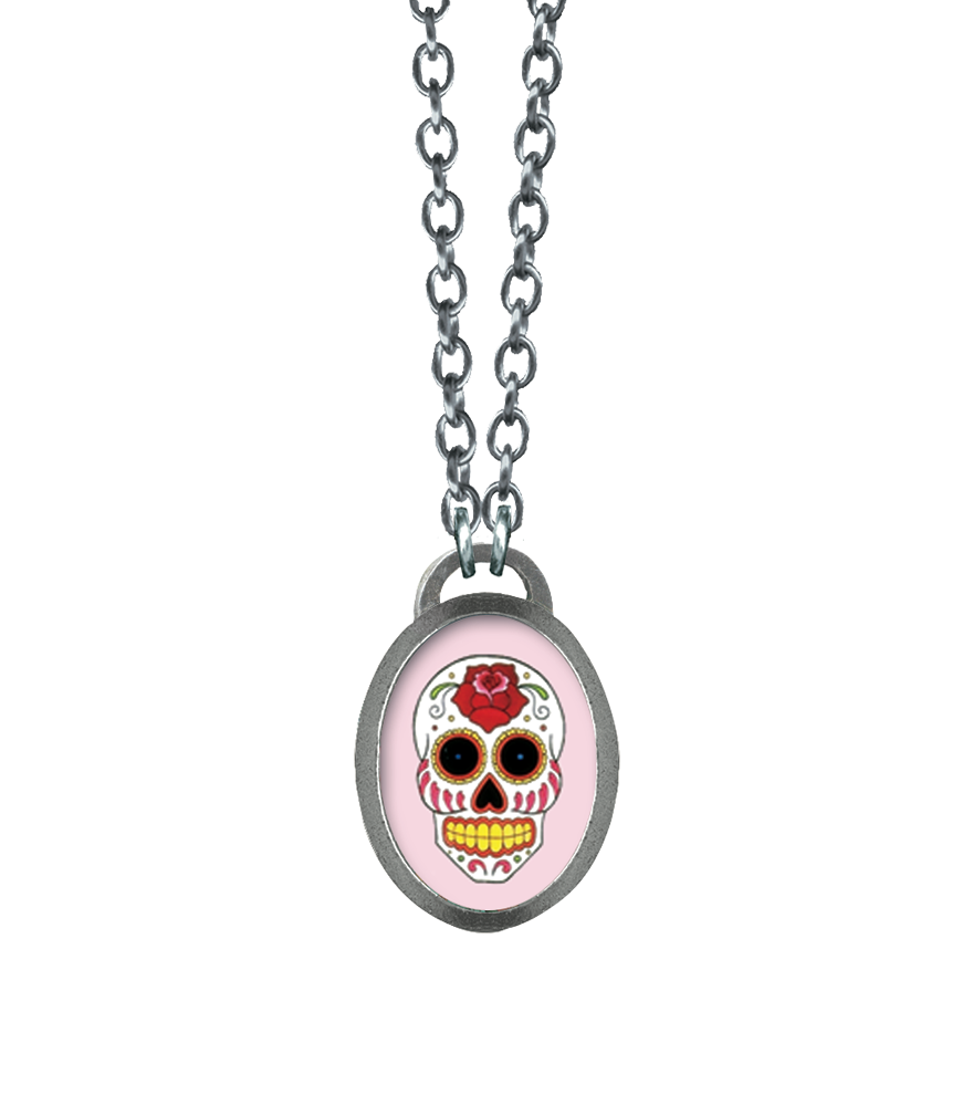 Necklace Pink Sugar Skull Oval Pop Art