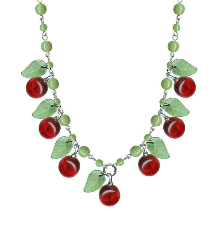 Necklace - Cherry and Leaves - Green Beads